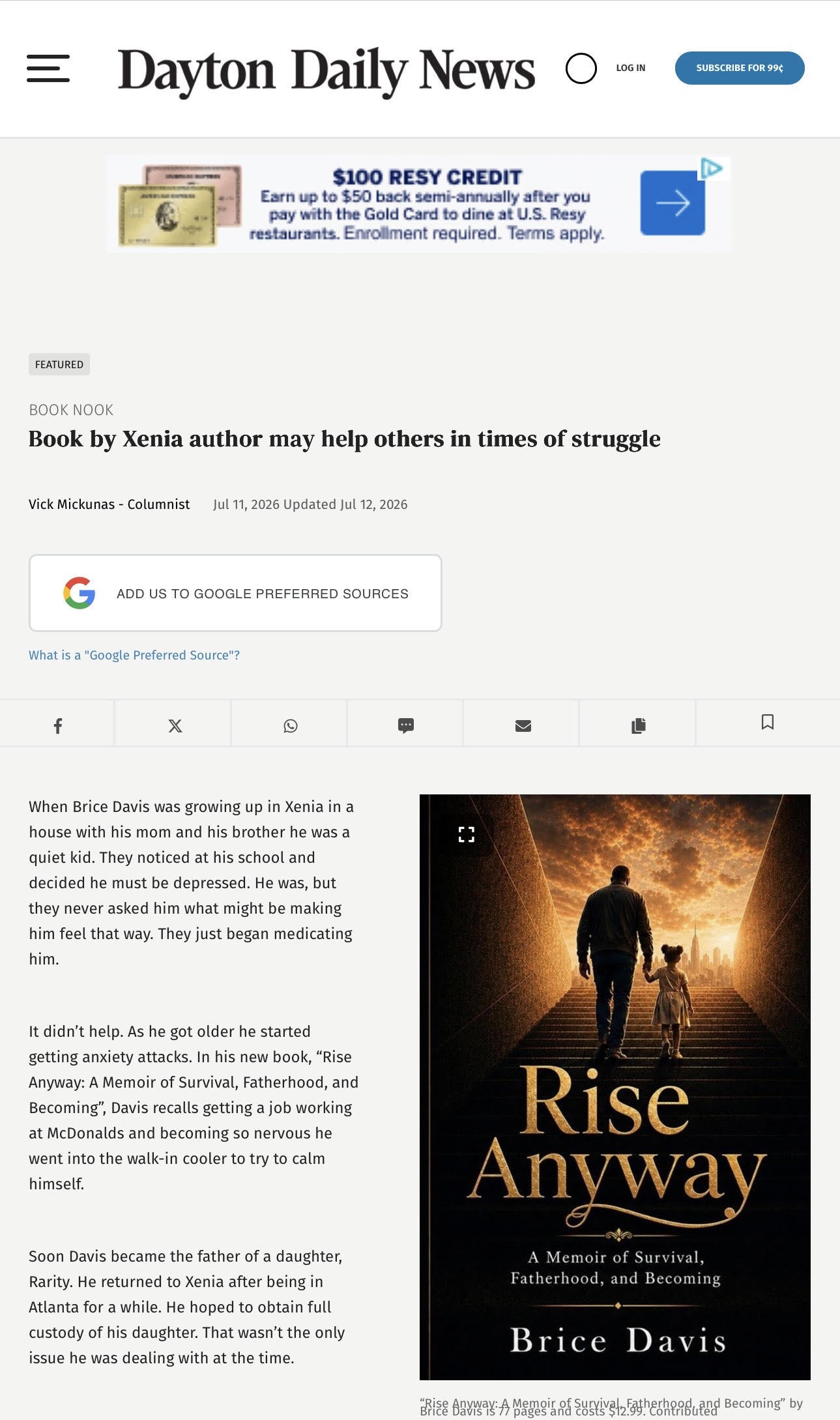 Dayton Daily News Features Brice Davis and Rise Anyway